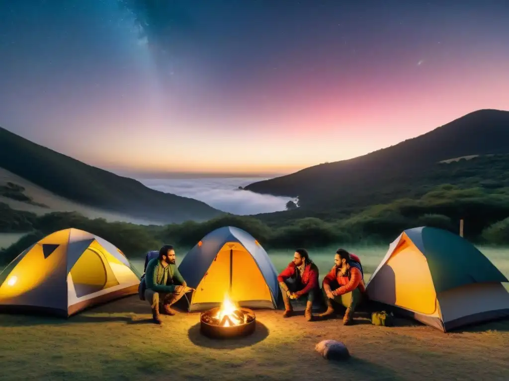 Campistas diversificados montando coloridas tiendas en una noche estrellada en Uruguay, rodeados de indumentaria de camping