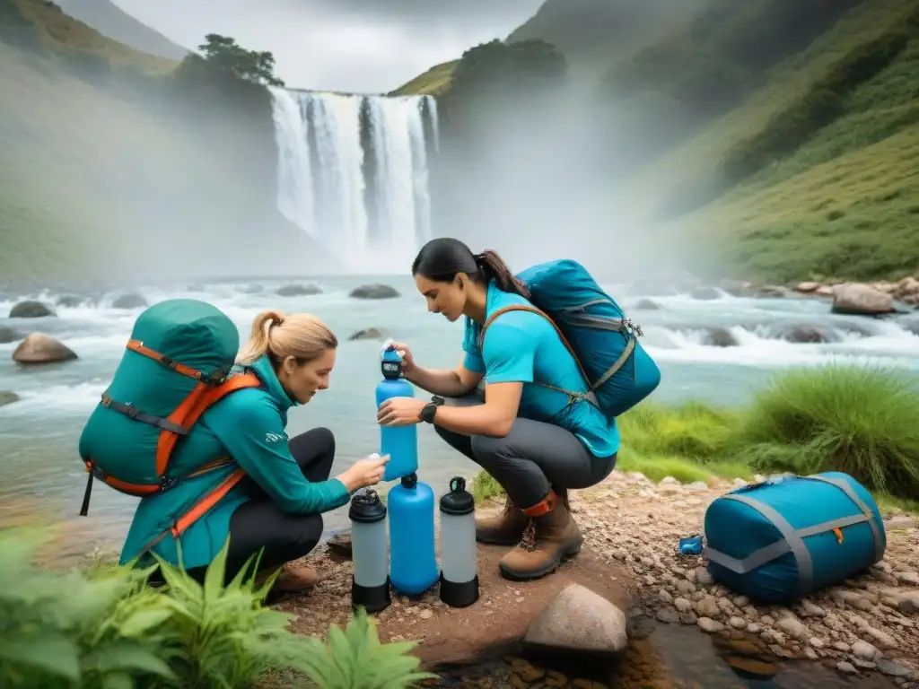 Campistas en Uruguay arman filtro de agua en campamento junto a arroyo cristalino rodeado de vegetación exuberante