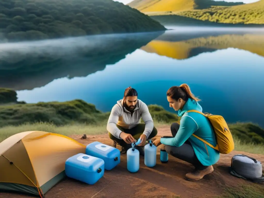 Campistas en Uruguay instalando filtros de agua portátiles junto al lago al amanecer