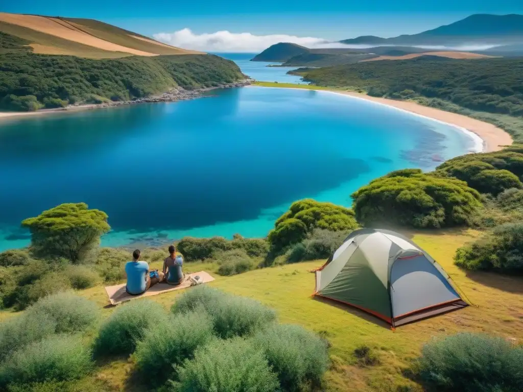 Campistas disfrutando de gadgets tecnológicos para camping en Uruguay, entre la exuberante naturaleza