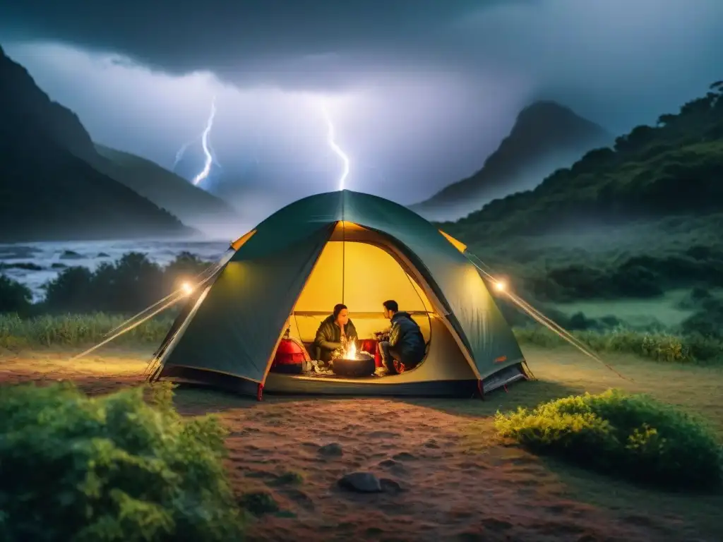 Campistas preparándose bajo la lluvia en camping de Uruguay ante emergencias climáticas camping Uruguay