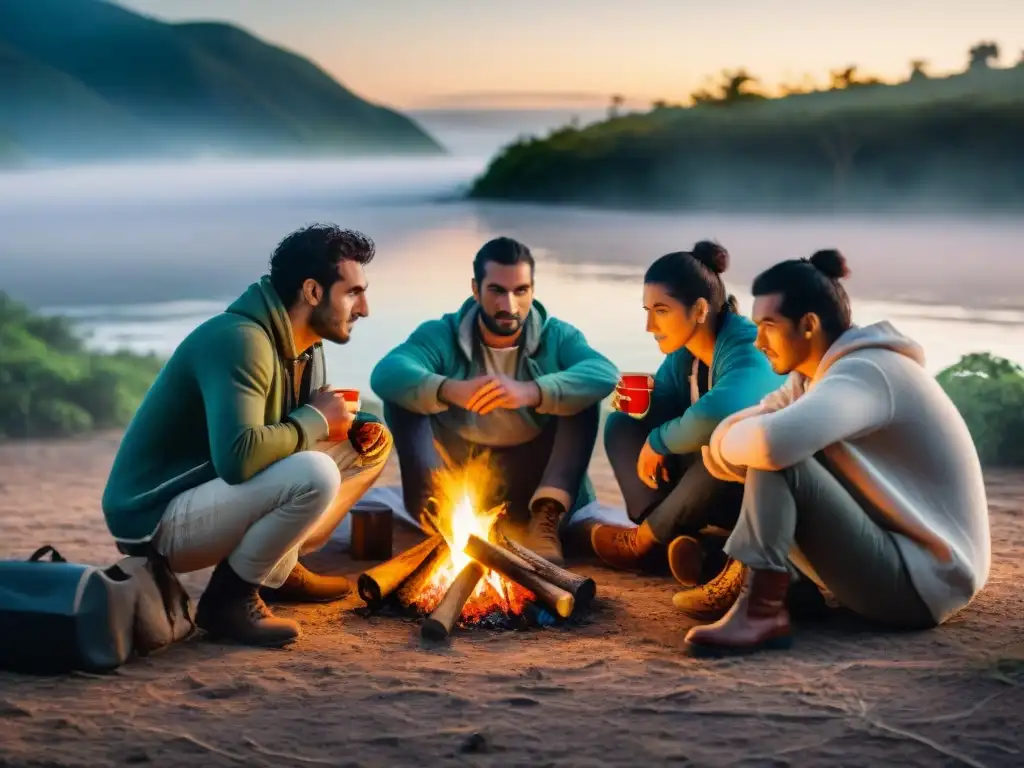 Campistas compartiendo mate cerca de ríos y lagunas en Uruguay, con la luz del fuego iluminando sus rostros al atardecer