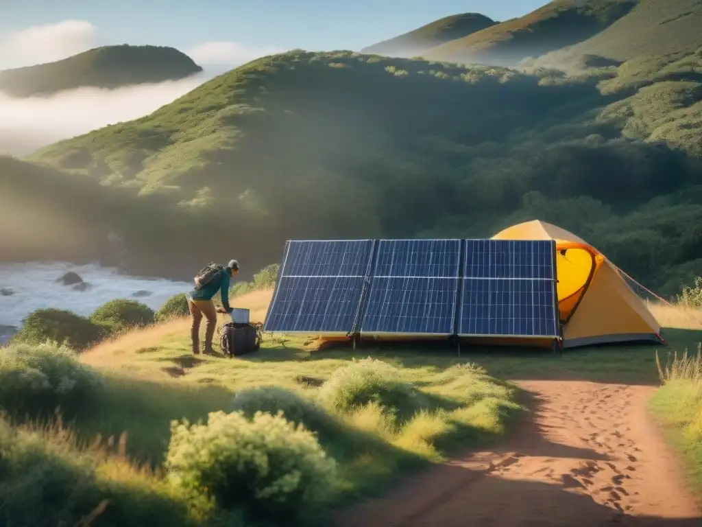 Campistas en Uruguay instalando paneles solares portátiles para camping entre la exuberante naturaleza