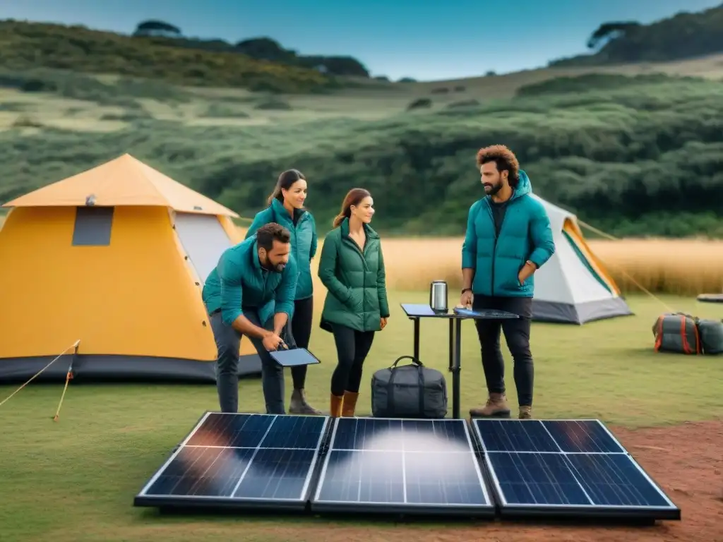 Campistas colocando paneles solares portátiles en un hermoso campamento en Uruguay