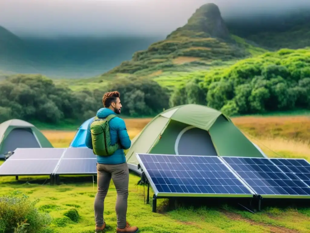 Campistas en Uruguay montando paneles solares portátiles cerca de sus tiendas en un entorno natural