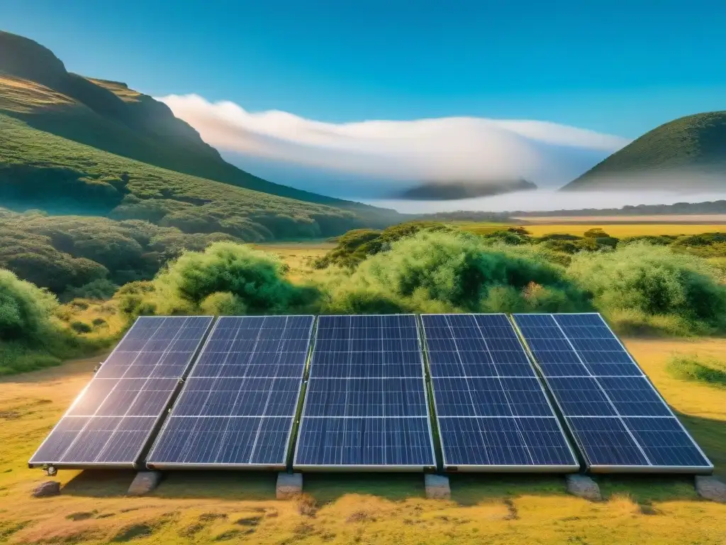 Campistas instalando paneles solares portátiles en un campamento pintoresco en Uruguay, bajo un cielo azul y rodeados de exuberante vegetación