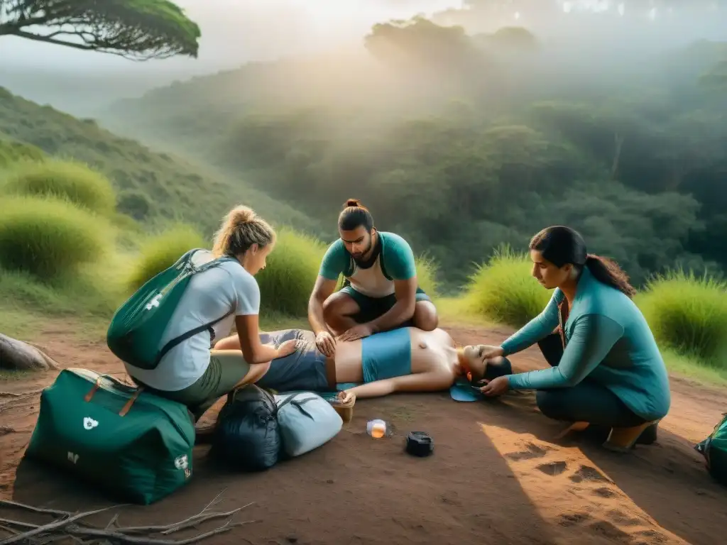 Campistas en Uruguay practicando primeros auxilios en un bosque, resaltando la importancia de la preparación ante emergencias