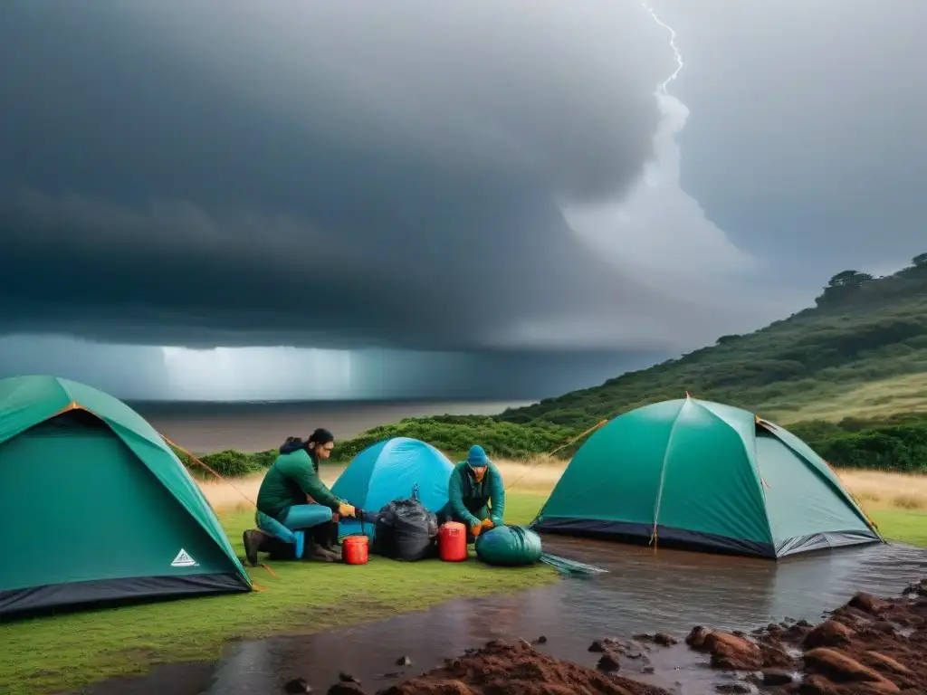 Campistas en Uruguay montan refugio de emergencia bajo lluvia intensa, destacando preparación ante emergencias climáticas camping Uruguay