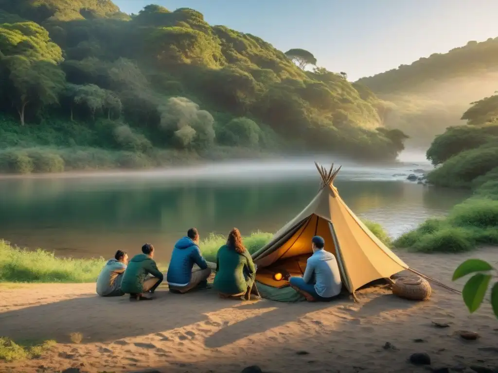 Campistas en Uruguay construyen refugio con ramas y hojas, junto a un río sereno al atardecer