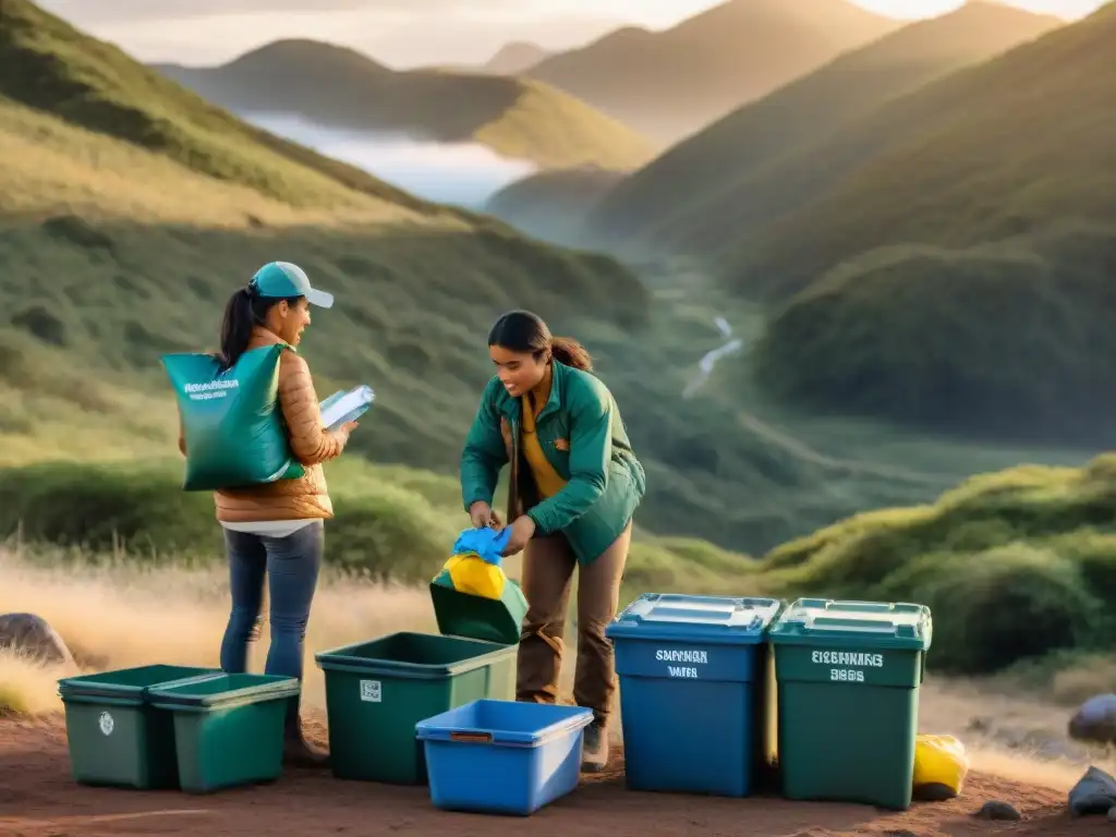 Campistas responsables practican el manejo de desechos en camping en un atardecer dorado en la naturaleza uruguaya