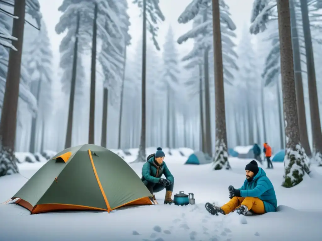 Campistas montan tienda en bosque nevado con vestimenta adecuada para campismo invierno