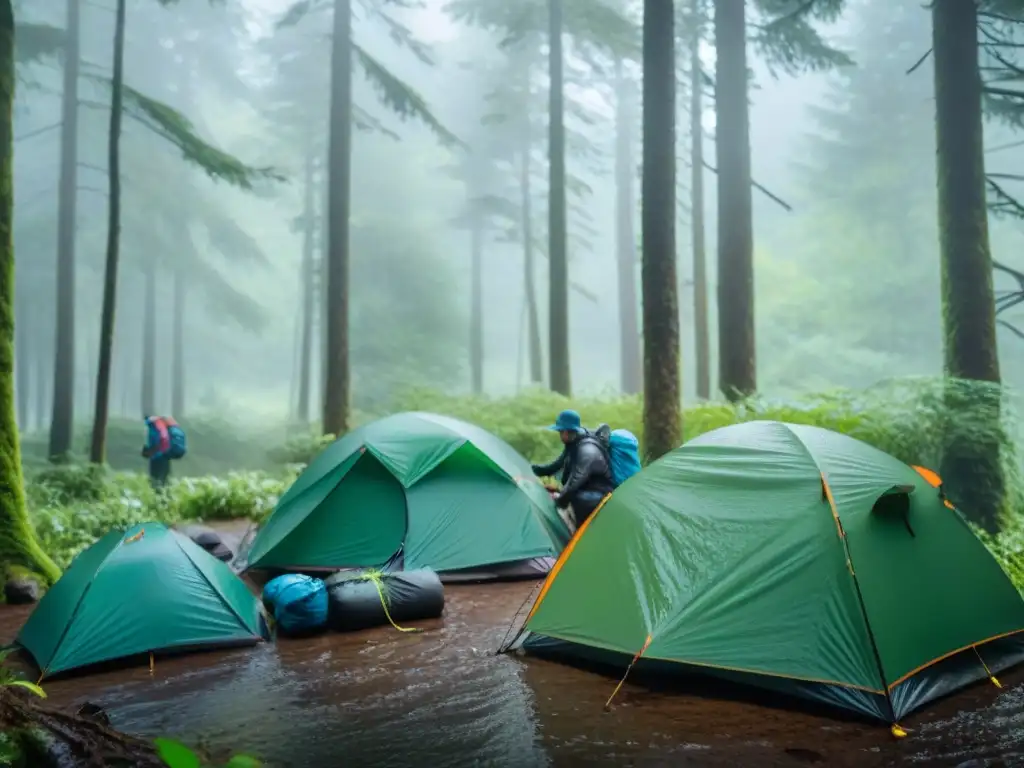 Campistas arman tiendas bajo la lluvia en un bosque