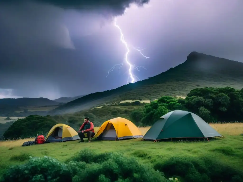 Campistas en tormenta en montañas de Uruguay