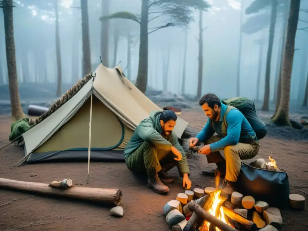 Campistas uruguayos expertos montando campamento en la naturaleza, demostrando su destreza en supervivencia