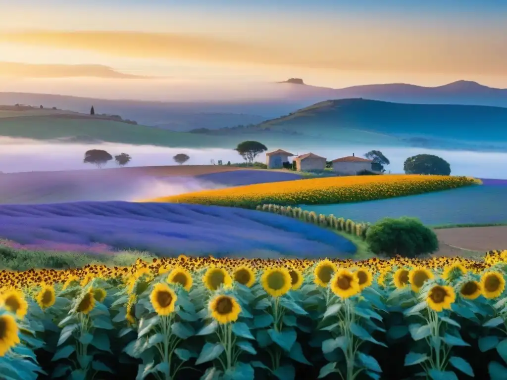 Un campo vibrante en primavera en Uruguay, con flores coloridas como girasoles y amapolas