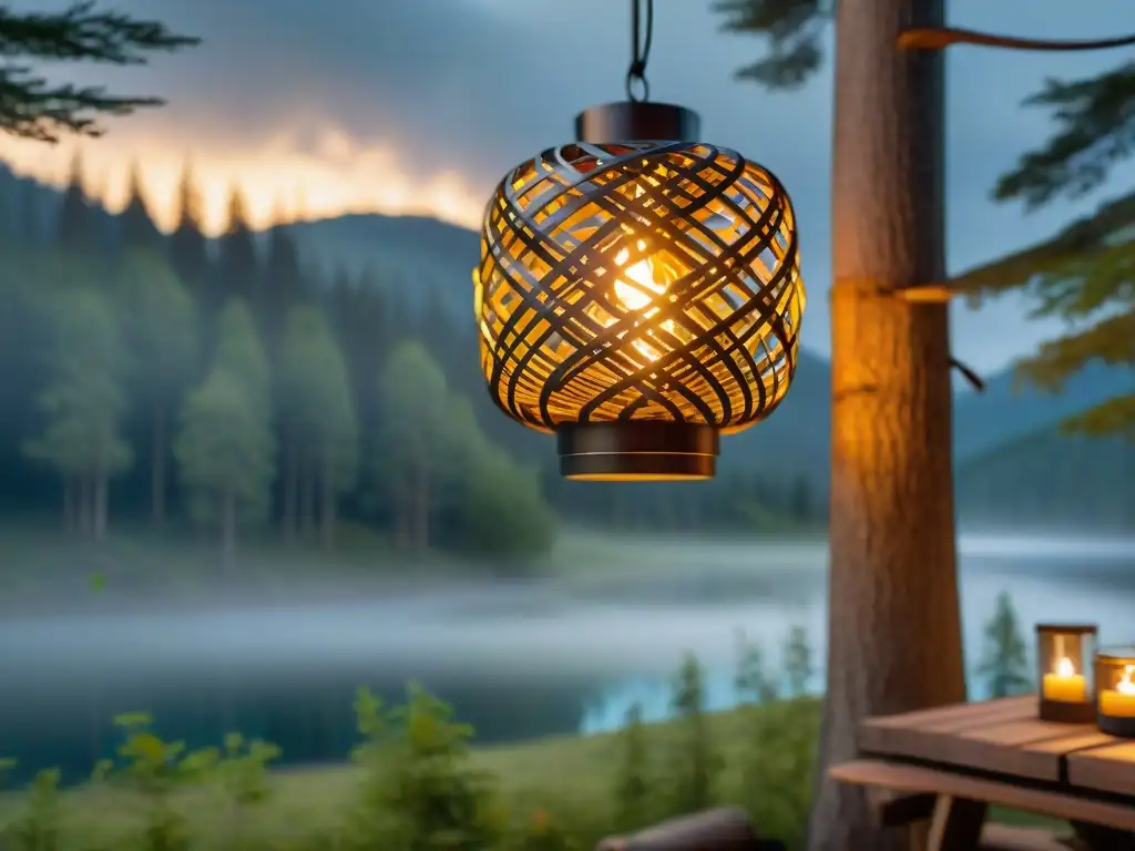 Un candelabro de camping ecoamigable casero iluminando el bosque con luz cálida y detalles artesanales intrincados