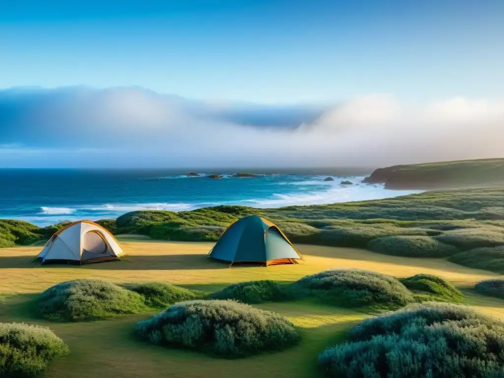 Carpa ideal camping en Uruguay, escenario pintoresco en Cabo Polonio con vegetación exuberante y cielo azul despejado