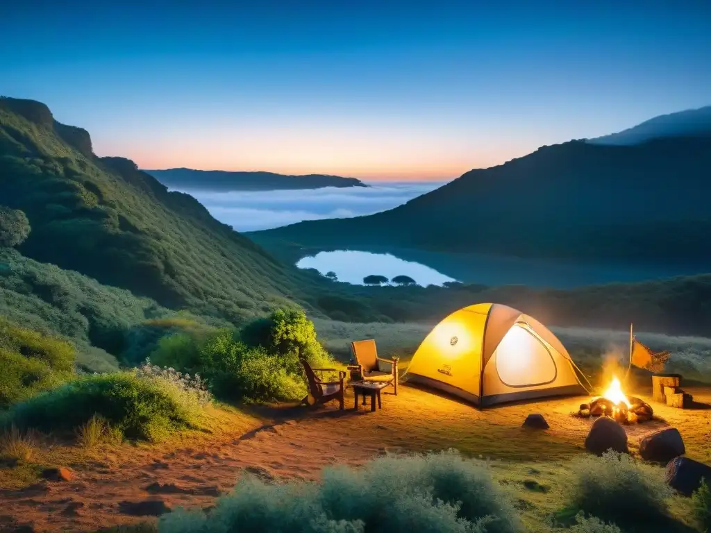 Carpa ideal camping en Uruguay en la serenidad del atardecer, rodeada de naturaleza y estrellas brillantes