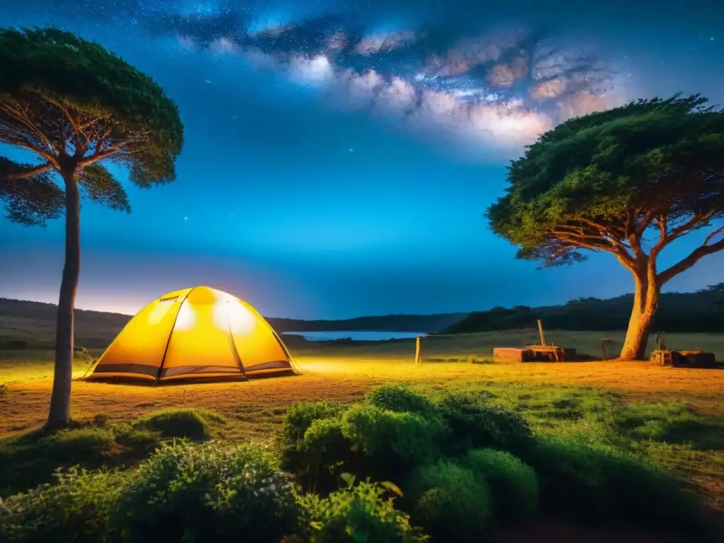 Carpa iluminada en camping Uruguay al anochecer, rodeada de naturaleza exuberante y cielo estrellado