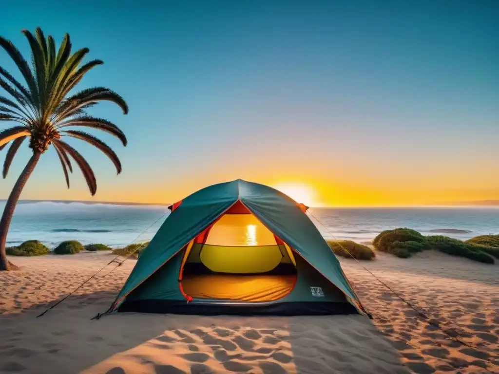 Carpa resistente y espaciosa en playa de Uruguay al atardecer, ideal para acampar