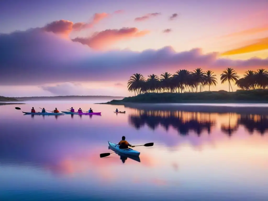 Un cautivador atardecer sobre Laguna Garzón en Uruguay, con kayaks coloridos y flamencos volando