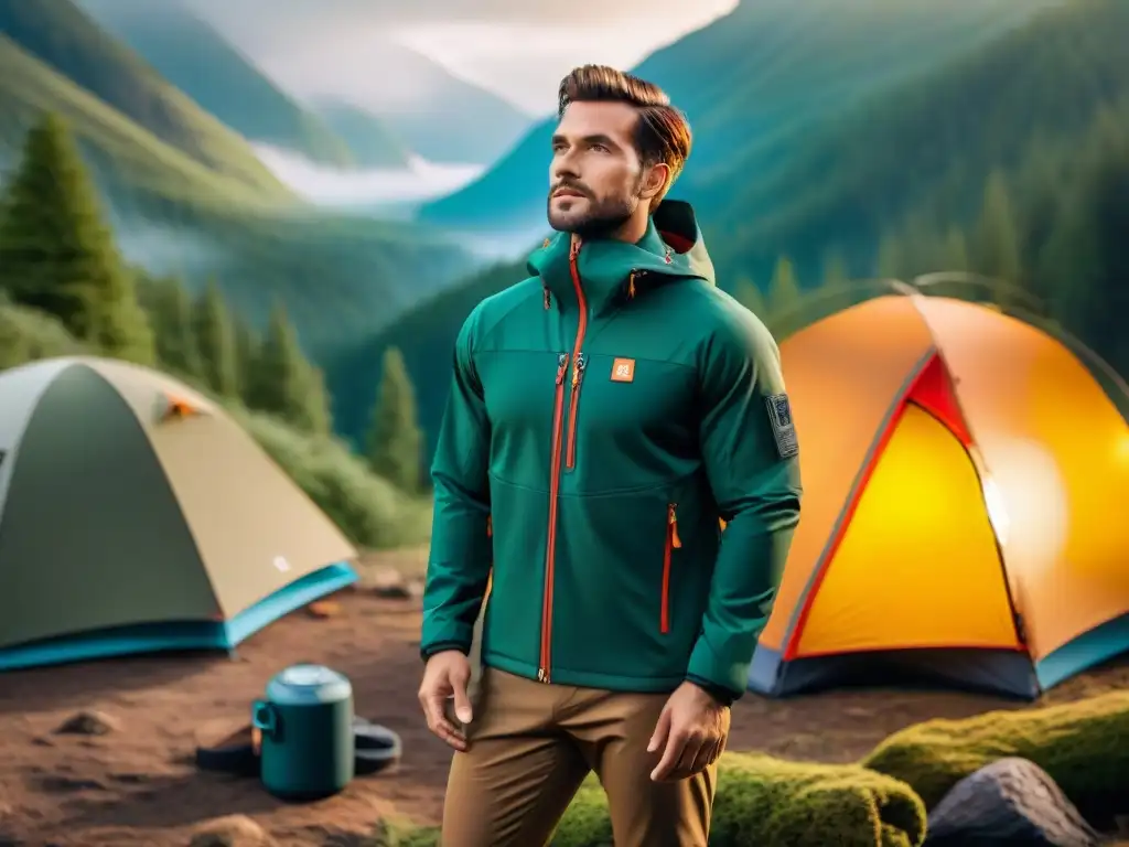 Una chaqueta de camping de lujo en un bosque exuberante, resaltando sus detalles innovadores y resistencia