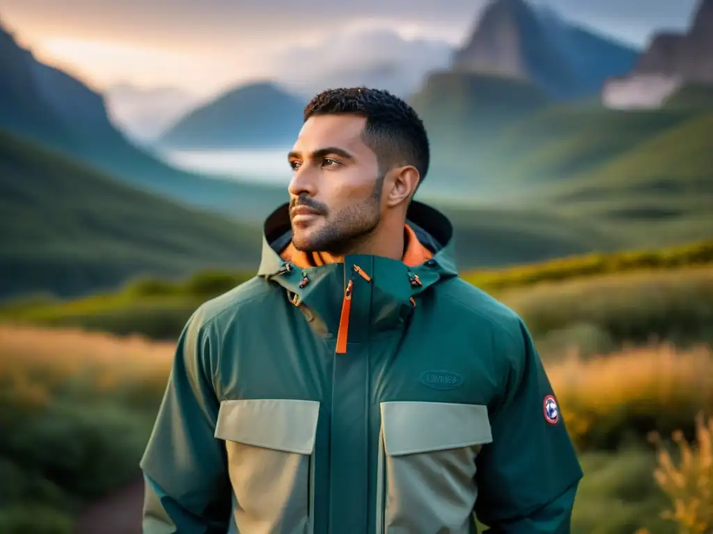 Una chaqueta de camping de lujo con detalles intrincados, tela impermeable y sistema de ventilación innovador, en un entorno natural y montañoso