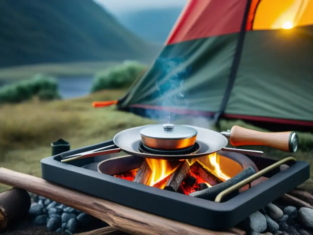 Chef preparando cena con cocinas portátiles económicas para campistas en campamento en Uruguay