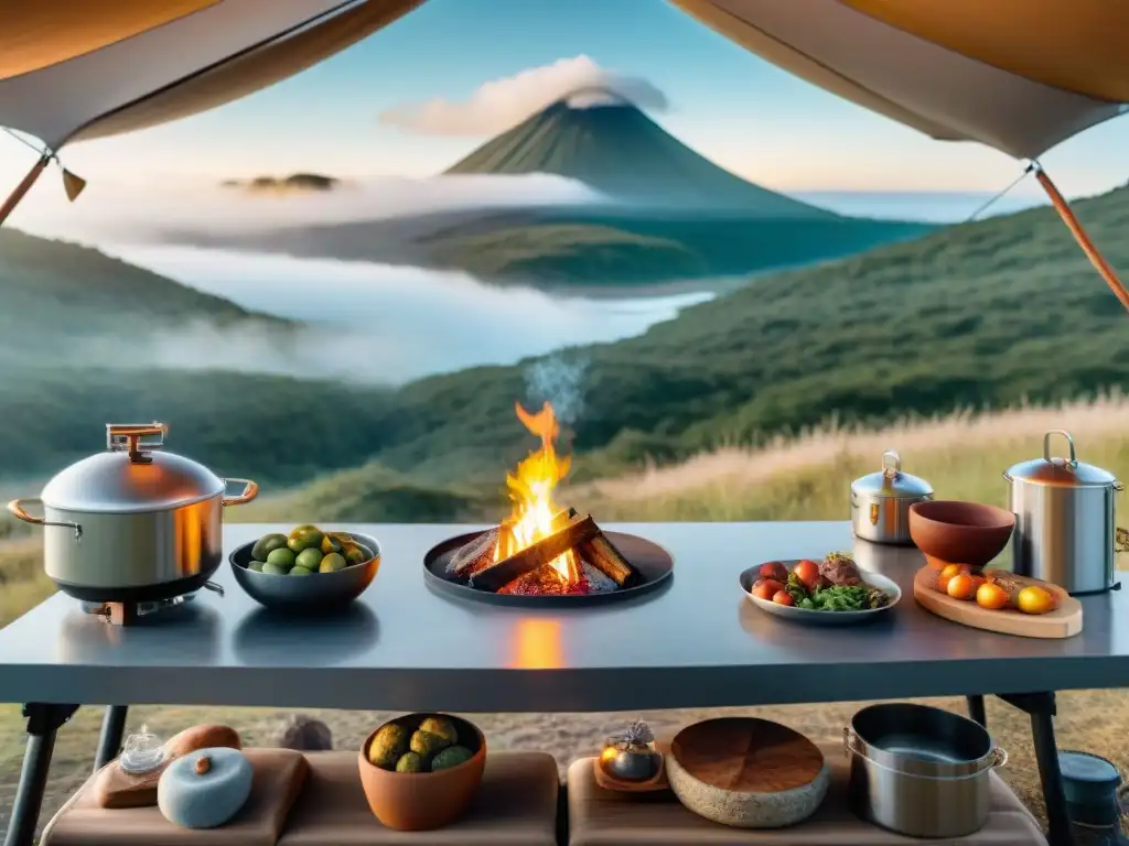 Un chef preparando una cena gourmet en un lujoso campamento en Uruguay, rodeado de equipamiento elegante