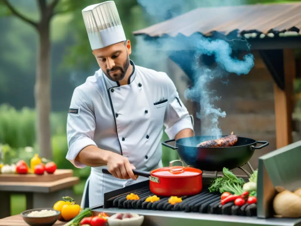 Un chef en cocina al aire libre, rodeado de vegetación, cocinando sobre parrilla y consultando app de cocina