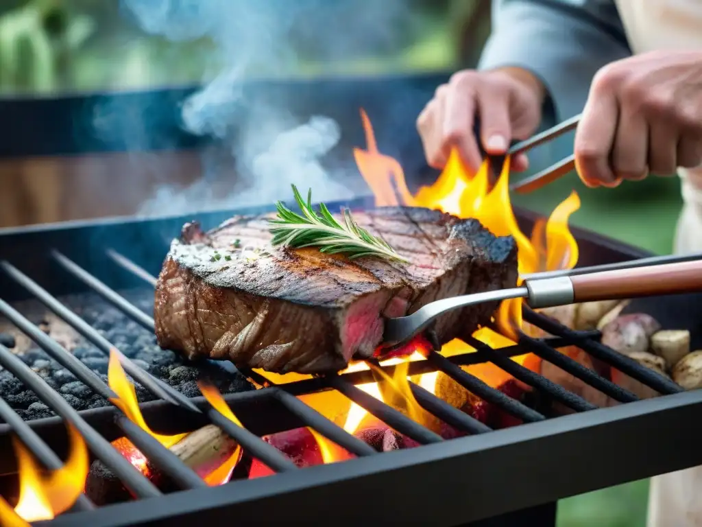 Un chef cocina a la parrilla un exquisito filete uruguayo en un entorno natural, con humo y luz dorada al atardecer