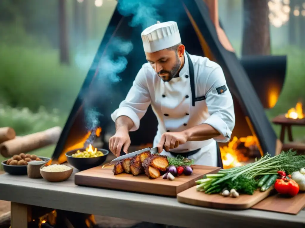 Un chef preparando una comida gourmet en un campamento al aire libre