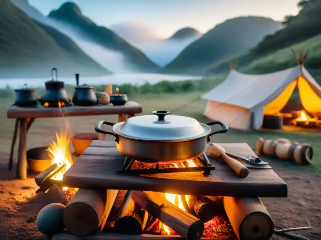 Chef preparando una comida tradicional en una cocina portátil de camping en Uruguay al atardecer