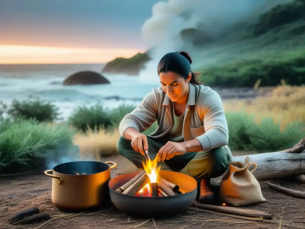 Un chef bushcraft en Uruguay prepara una comida tradicional sobre fuego, mostrando técnicas locales