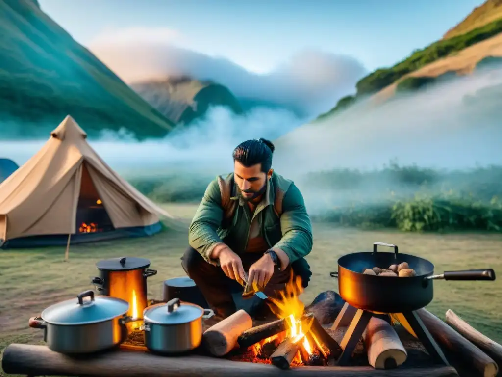 Un chef preparando comidas típicas camping Uruguay en cocina al aire libre rodeado de naturaleza