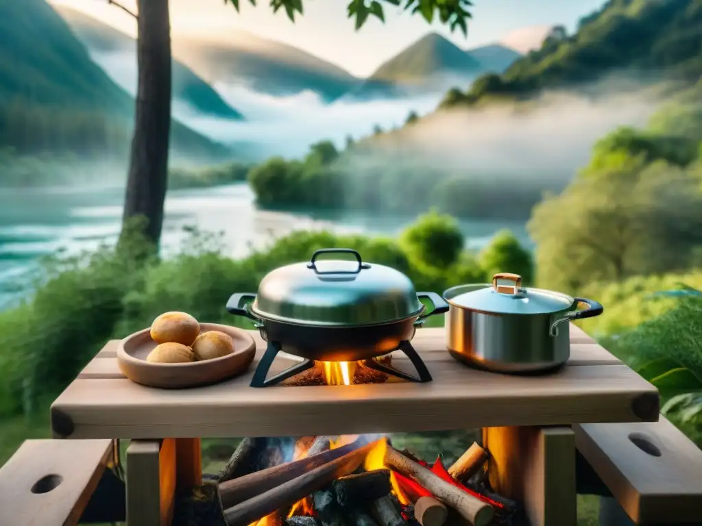 Un chef prepara una delicia gourmet en una cocina portátil en medio de un bosque