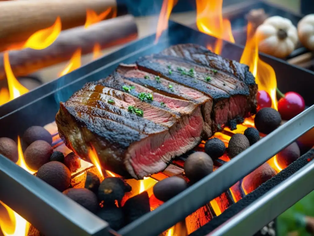 Un chef sazona un delicioso asado argentino en un camping, iluminado por una fogata