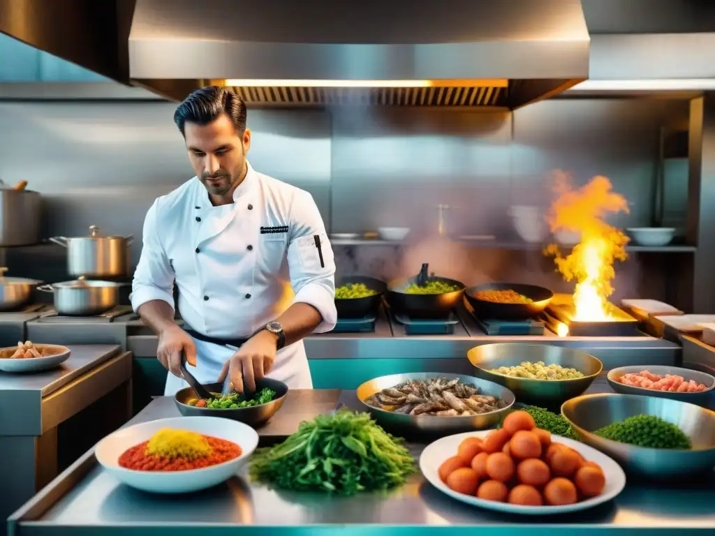 Un chef enérgico prepara un plato uruguayo en una bulliciosa cocina, rodeado de ingredientes locales