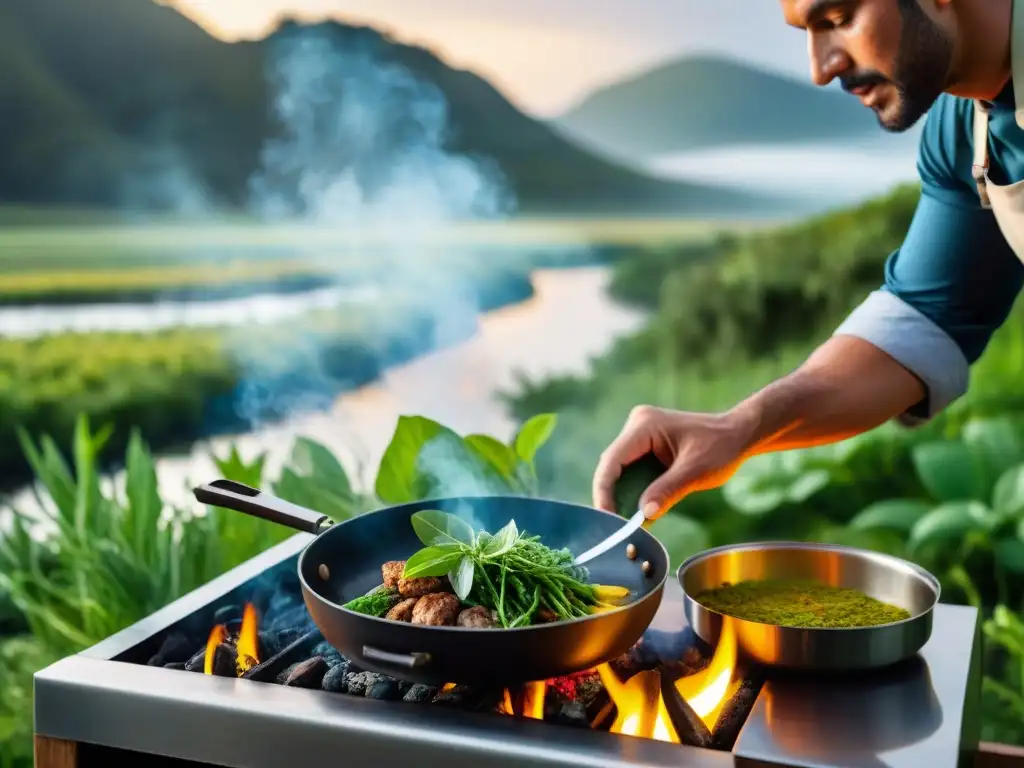 Un chef experto prepara una delicia gourmet en un escenario natural sublime en Uruguay, fusionando la gastronomía con el camping de lujo