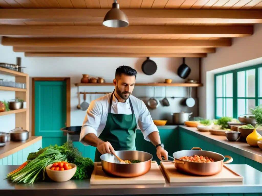 Un chef preparando un plato tradicional uruguayo en una cocina rústica