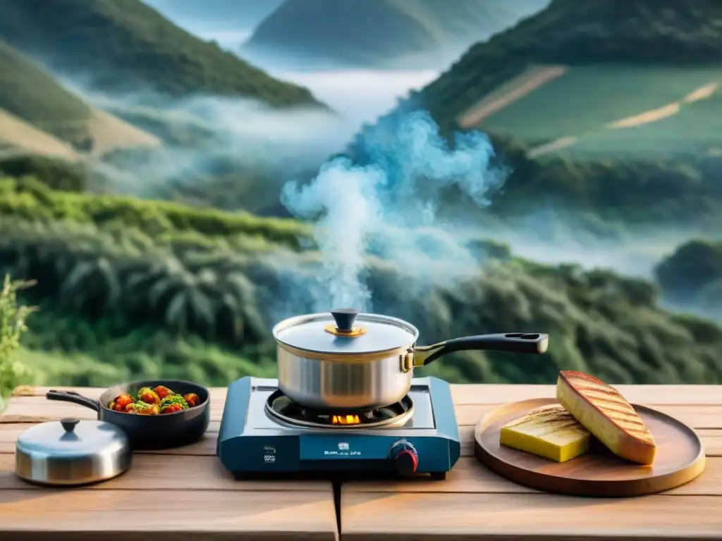 Chef preparando platos uruguayos en camping rodeado de naturaleza exuberante