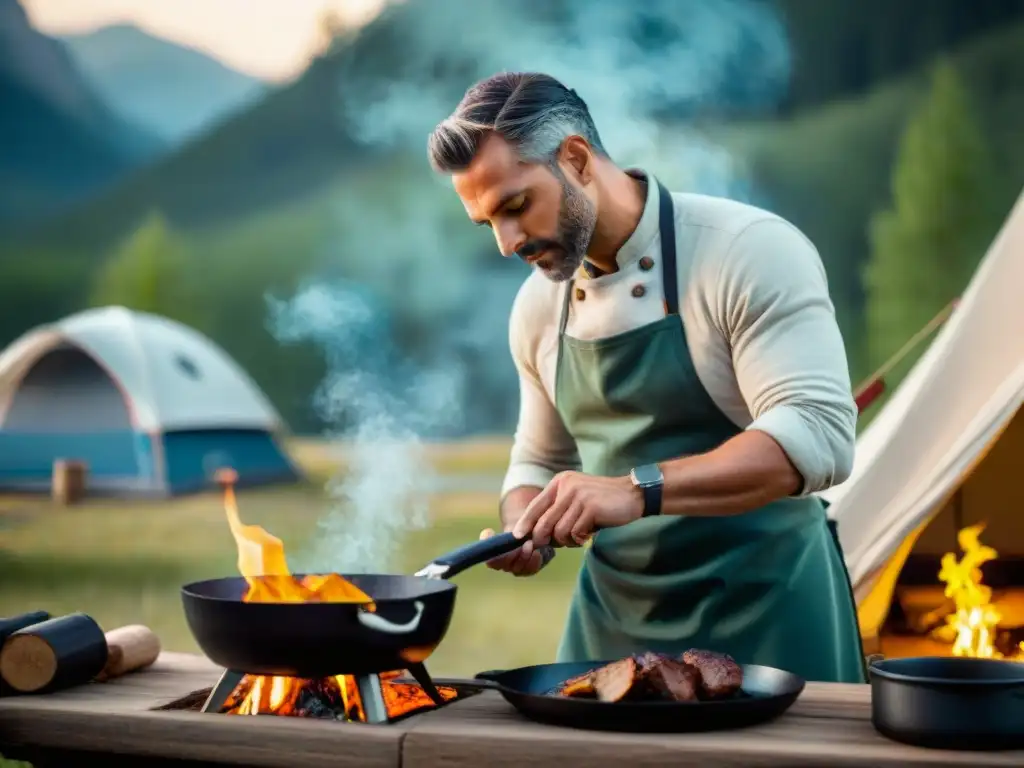 Un chef rudo cocina al aire libre en un campamento, con un sartén de hierro sobre fuego abierto, rodeado de naturaleza