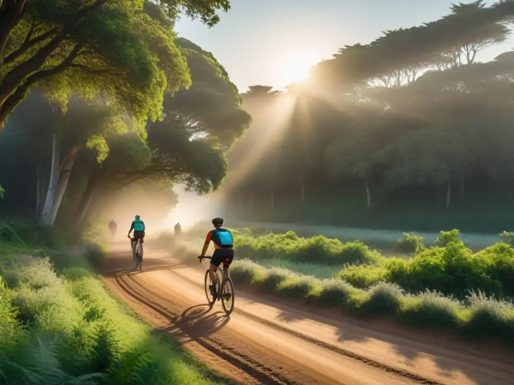 Ciclismo al atardecer en ruta de camping en Uruguay, entre sombras y verdor, bajo la luz dorada del sol poniente