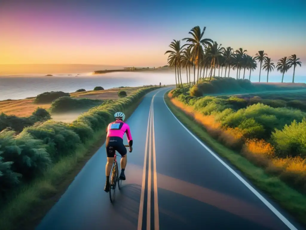 Ciclismo sostenible en Uruguay: Ciclistas recorren la costa al atardecer, rodeados de naturaleza exuberante y mar azul