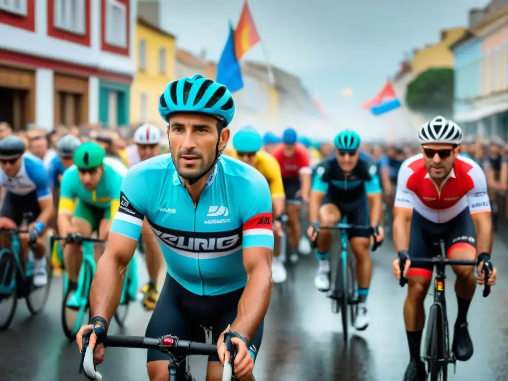 Ciclismo vibrante en Uruguay: ciclistas en evento cultural, recorriendo calles coloridas con banderas y espectadores animados