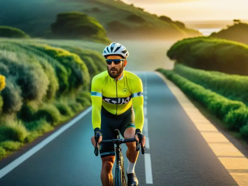 Un ciclista en Uruguay pedaleando al atardecer por una carretera costera, rodeado de naturaleza exuberante y el mar brillante