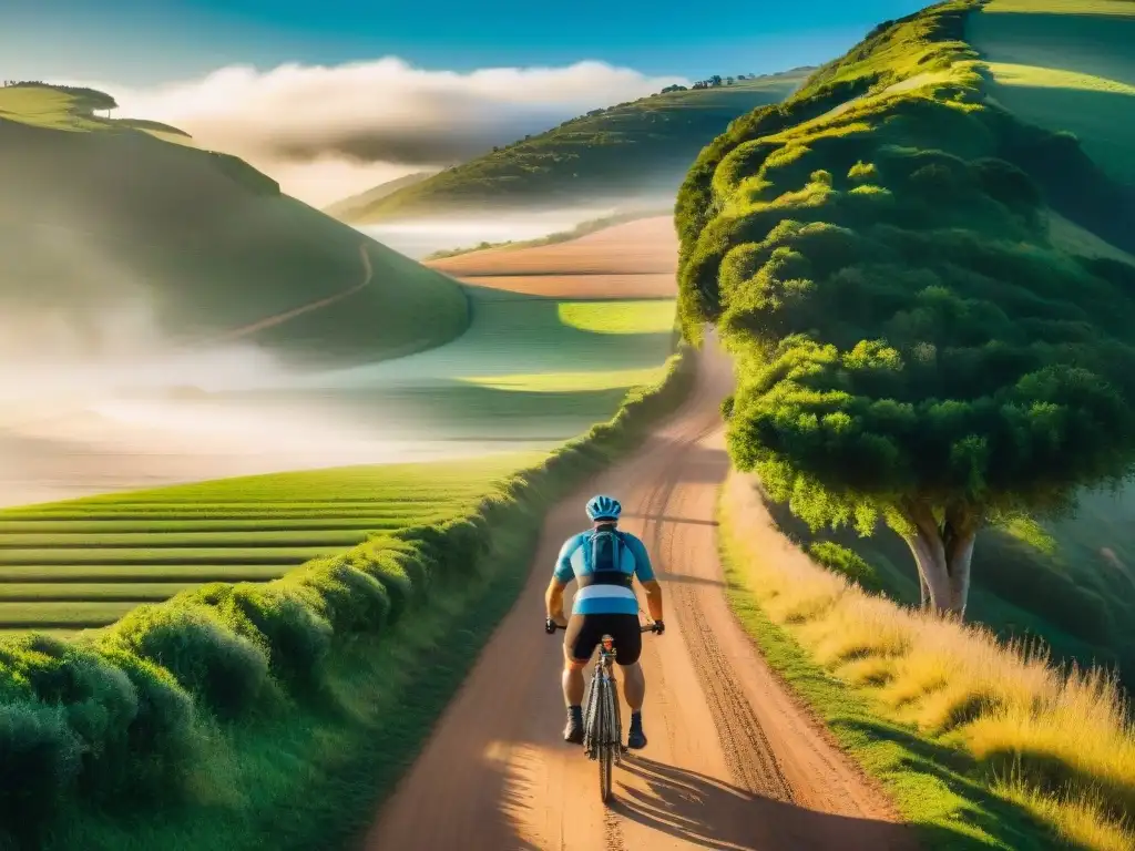 Un ciclista pedaleando en un camino de tierra entre colinas verdes en Uruguay al atardecer, destacando el cicloturismo en Uruguay paisajes bellos