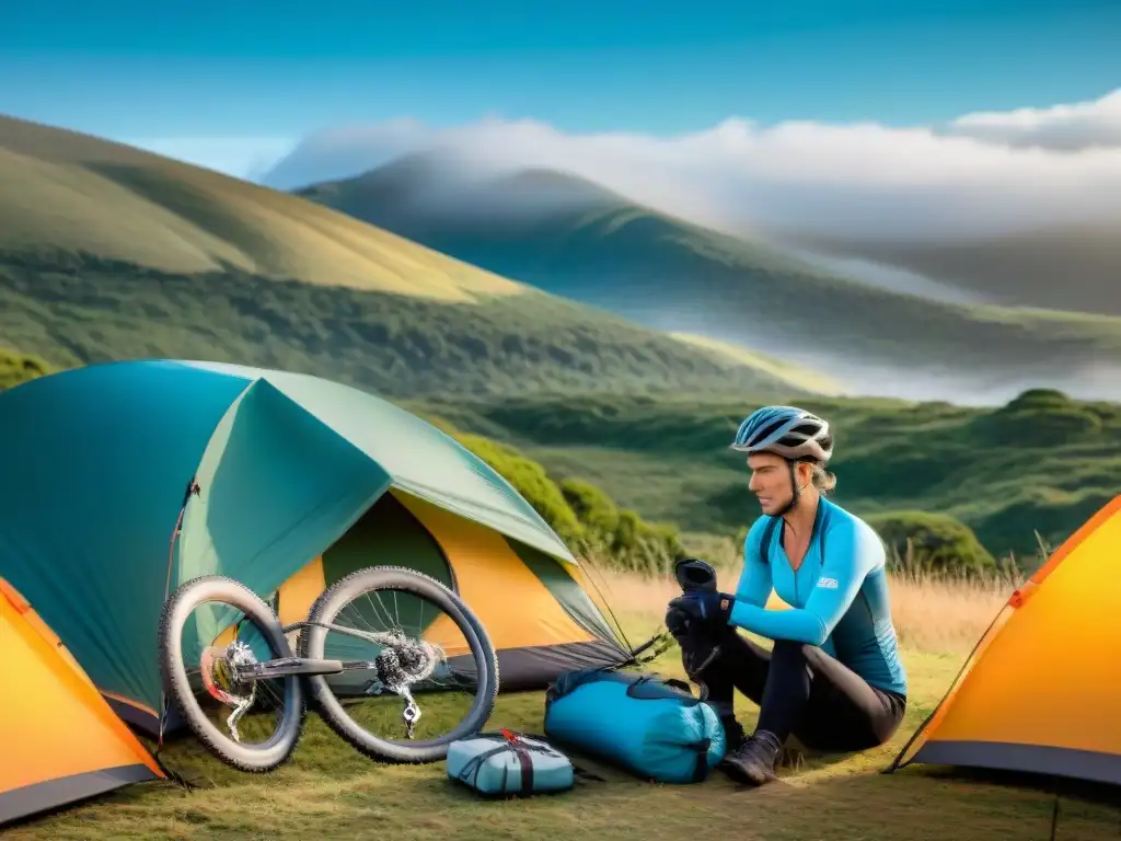 Un ciclista ajustando su casco junto a un equipo de camping en el paisaje de Uruguay