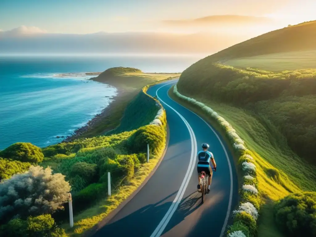 Un ciclista recorre una pintoresca ruta costera en Uruguay al atardecer