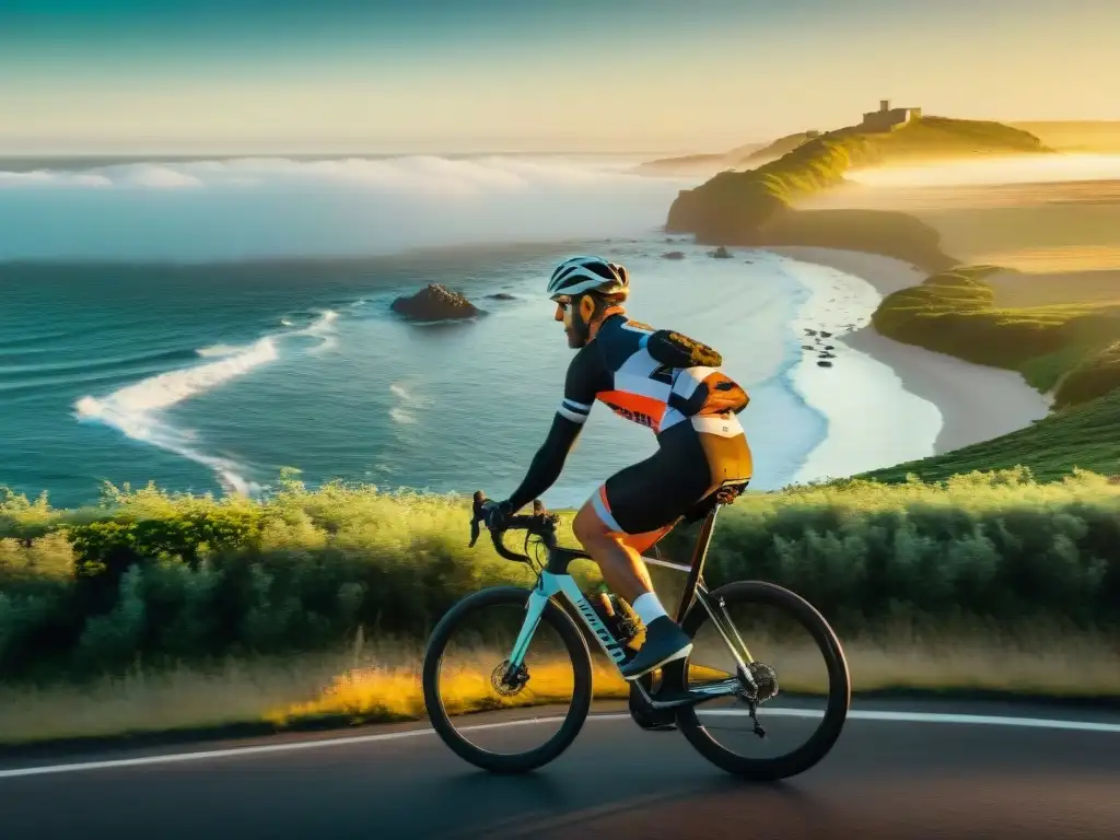 Un ciclista disfruta de la ruta costera en Uruguay, rodeado de naturaleza y el mar, capturando la esencia de aventura y serenidad